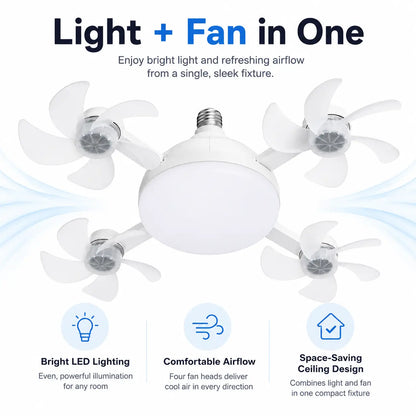 Screw in Ceiling Fan Light with Remote Control 19.7 Inch Foldable LED Socket Fan Light E26 Medium Base Ceiling Fan with 4 Fan Blades Quiet Airflow Bright Lighting Easy Installation for Bedroom Kitchen Garage Office and Dorm